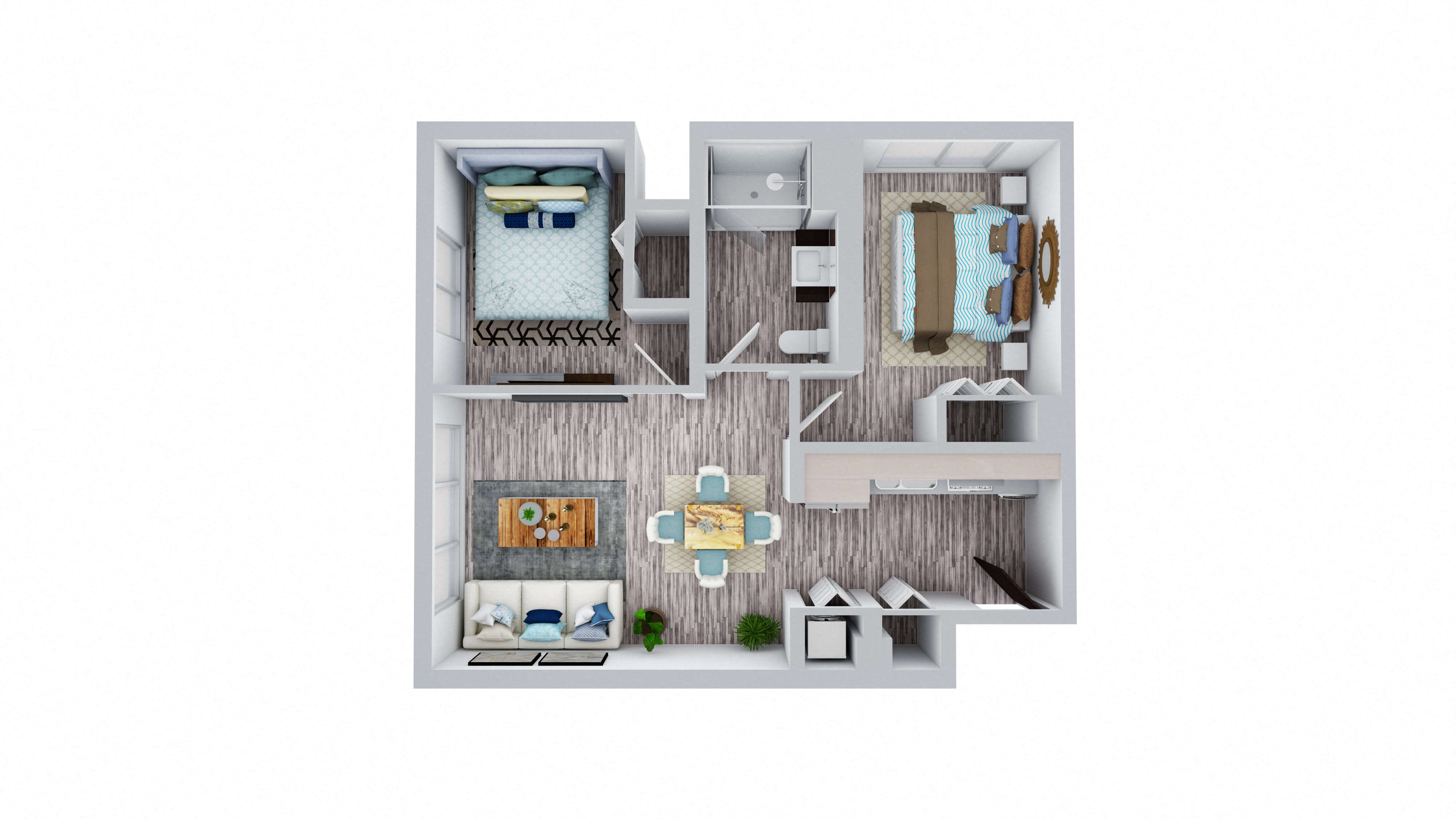 Floor plan for 2 beds, 1 bath, 745 sqft